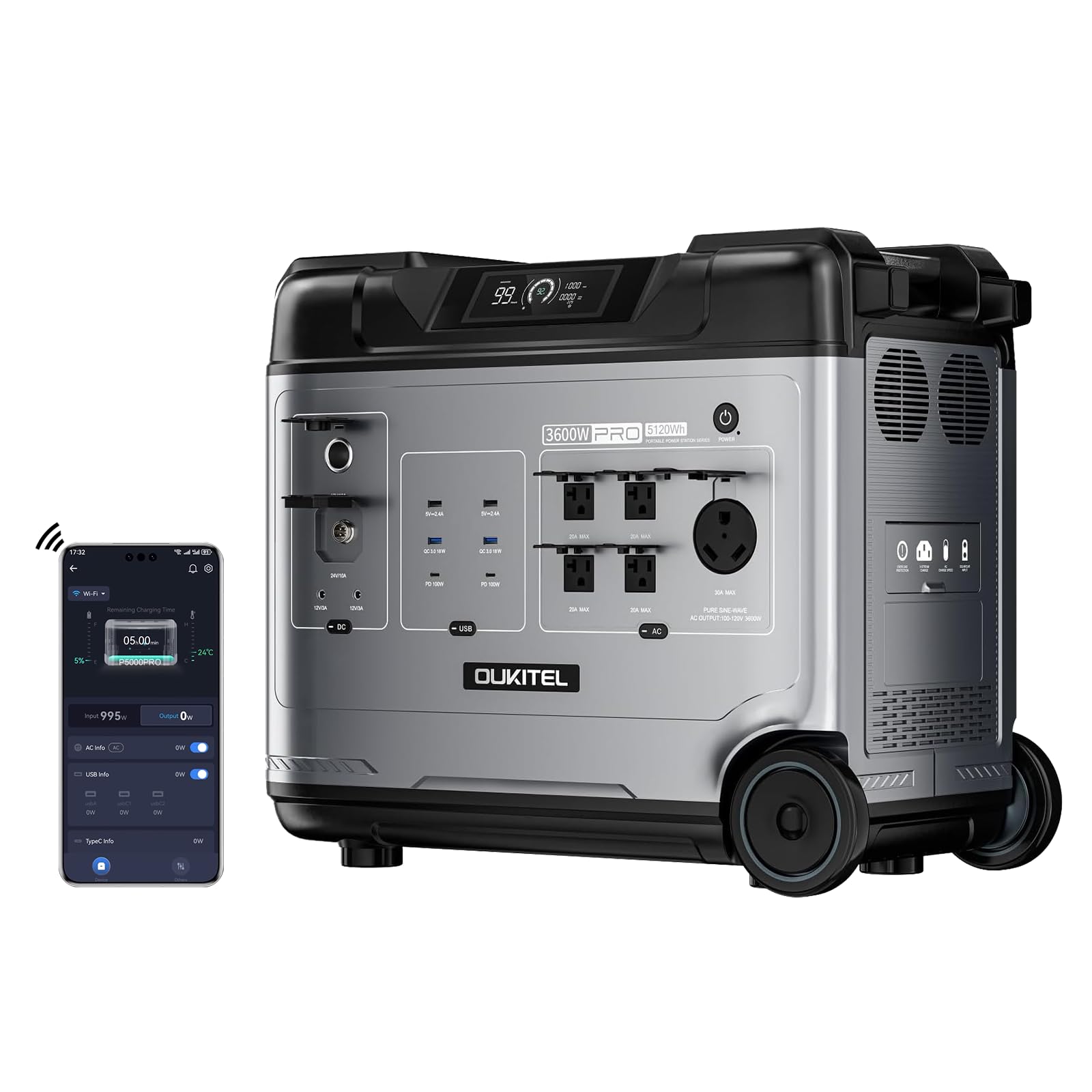 2400W Solar Generator LiFePO4 Battery 1.5Hrs Fast Charging,4 AC Outlets