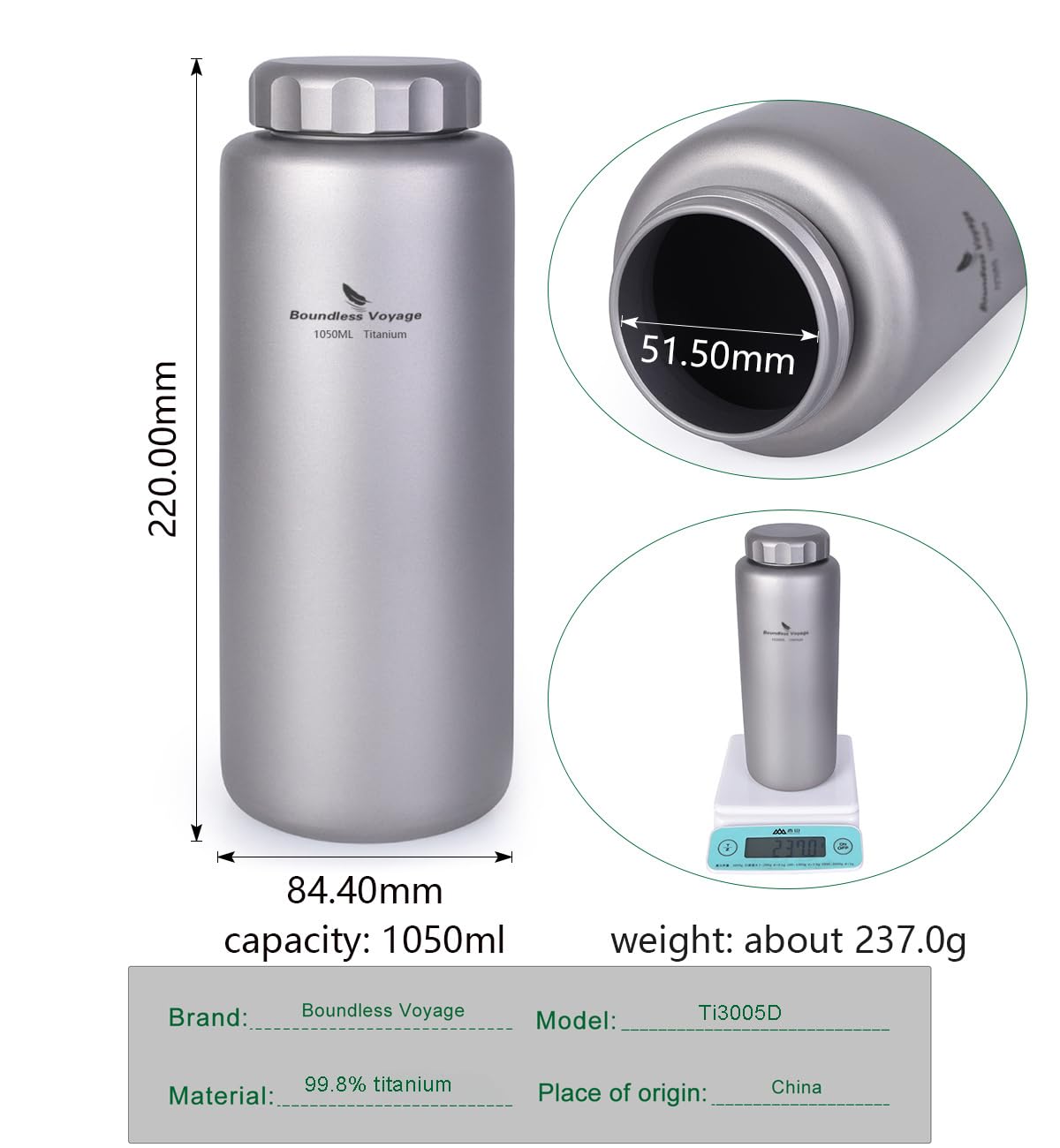 Boundless Voyage Titanium Water Bottle 1050ml Outdoor Sports Flask T-3005D