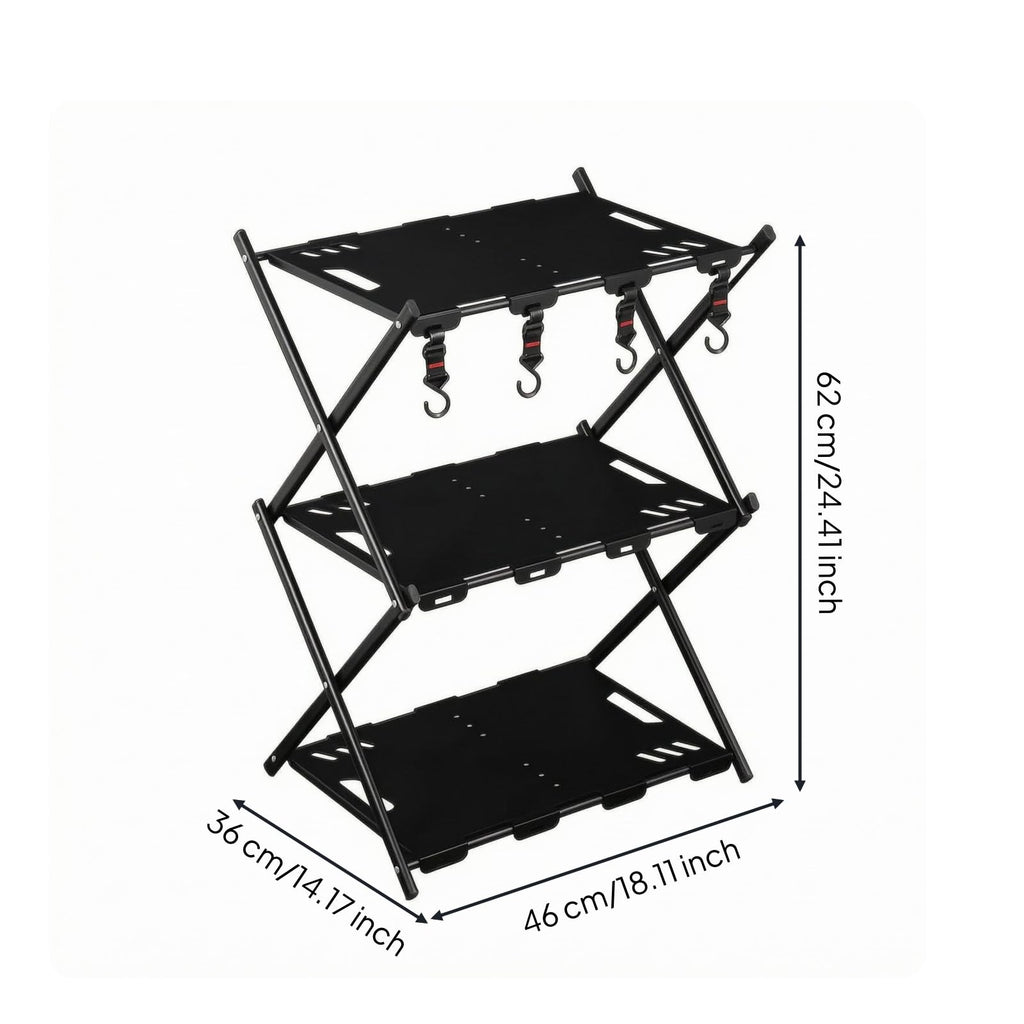 3-Tier Folding Outdoor Storage Shelf with Hooks