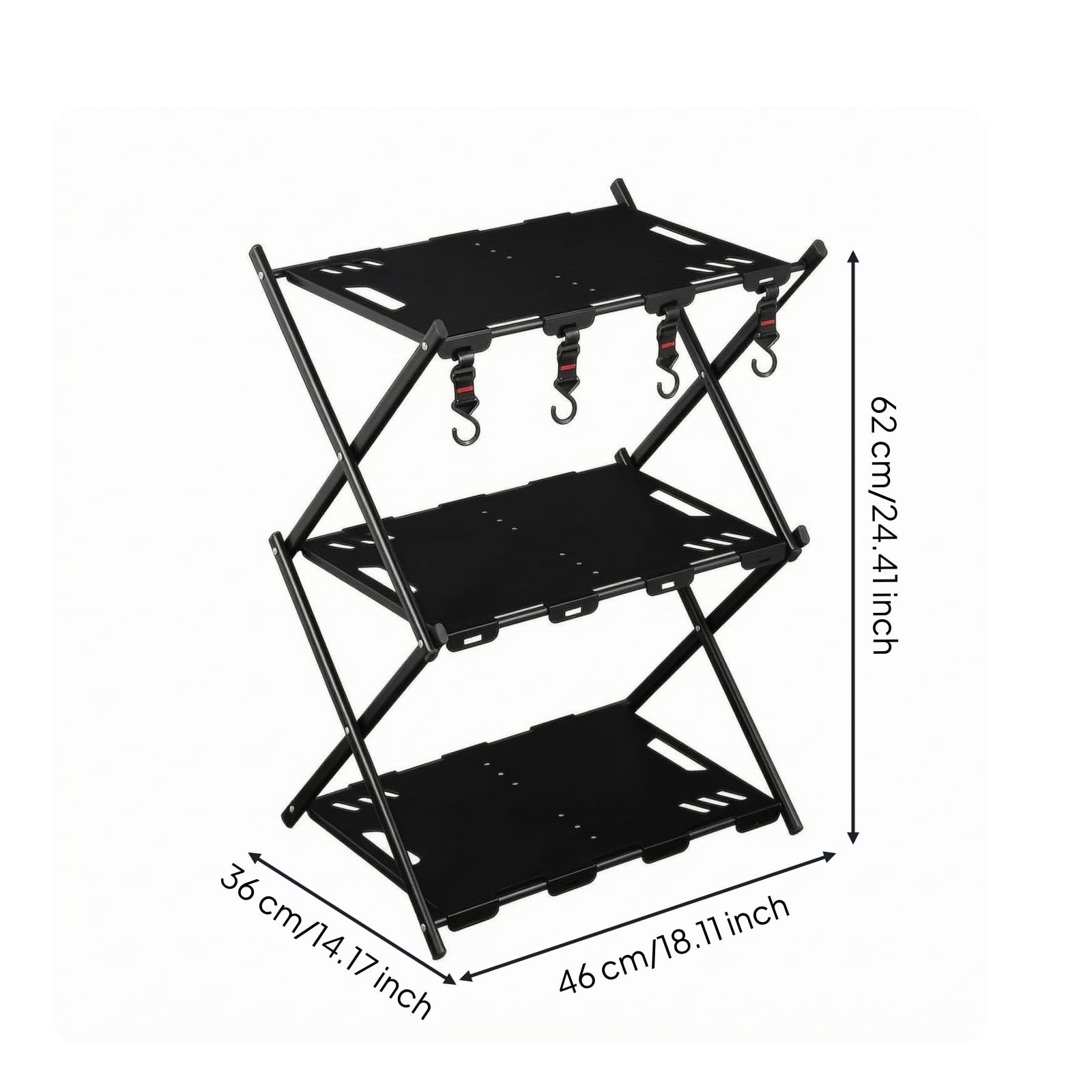 3-Tier Folding Outdoor Storage Shelf with Hooks