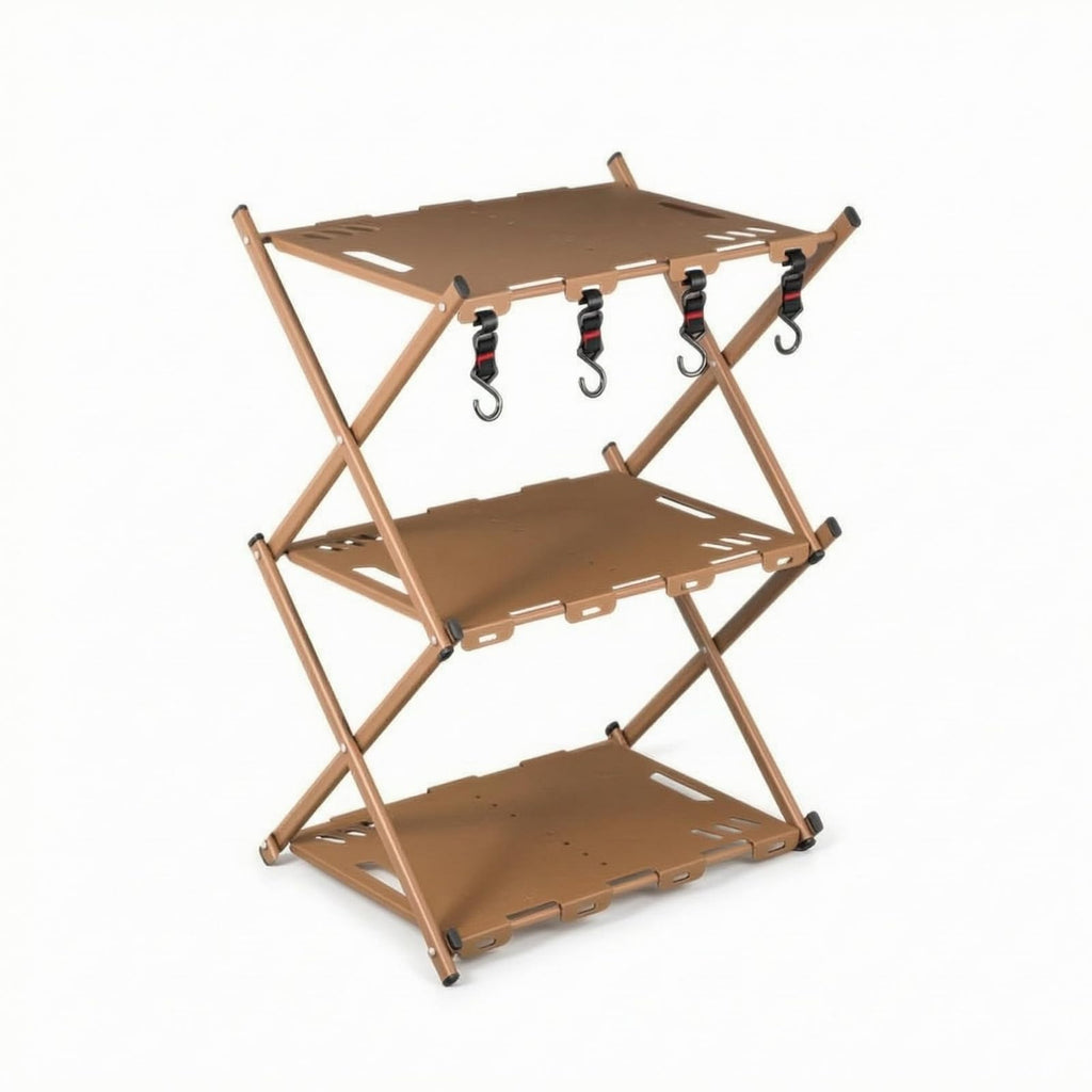 3-Tier Folding Outdoor Storage Shelf with Hooks