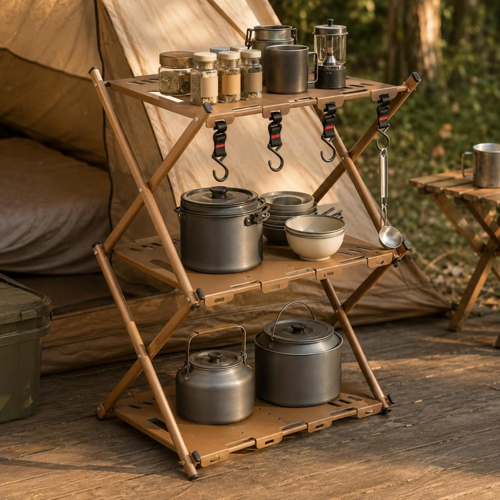 3-Tier Folding Outdoor Storage Shelf with Hooks