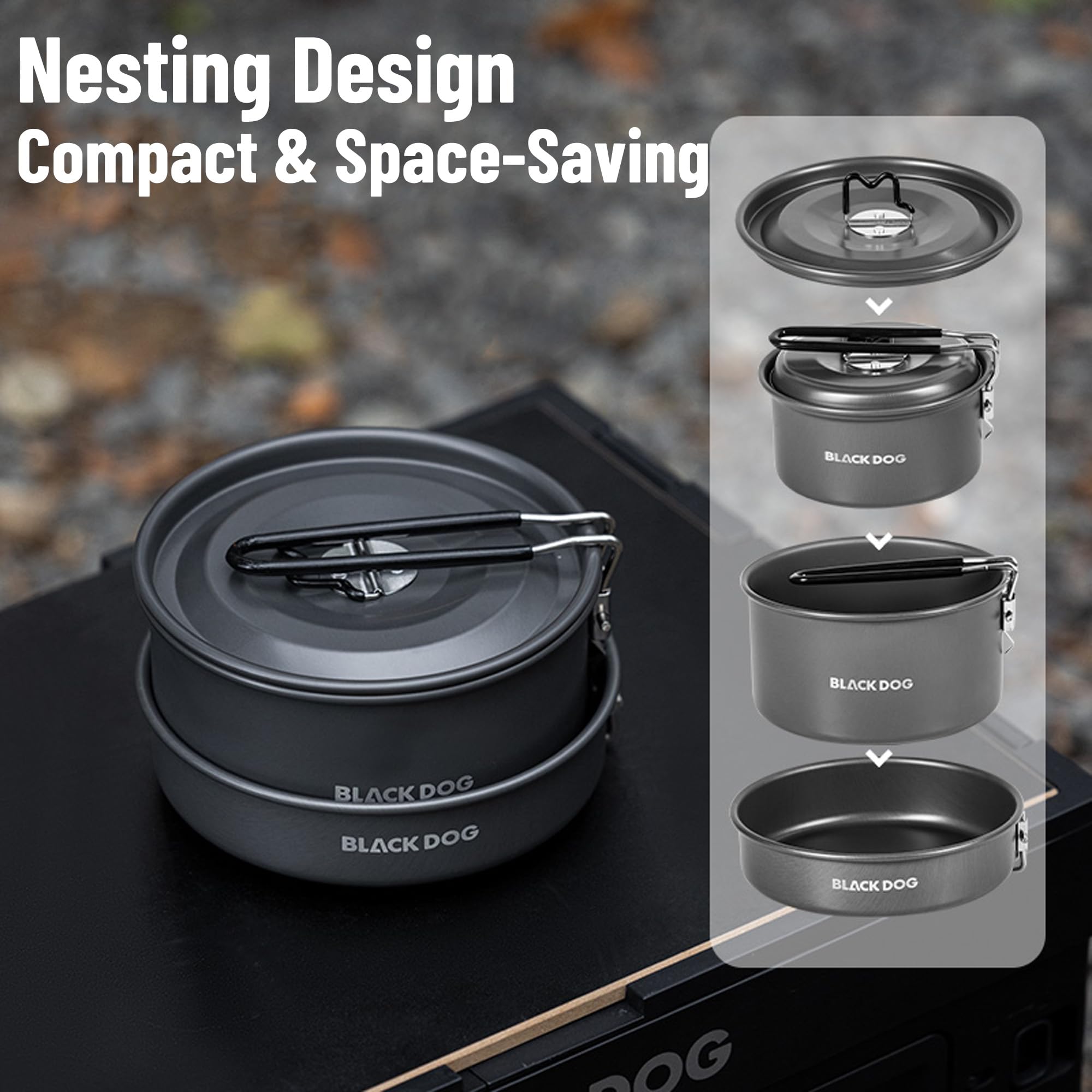 Blackdog 3-Piece Ultralight Camping Cookware Set, Nesting Pot & Pan Set
