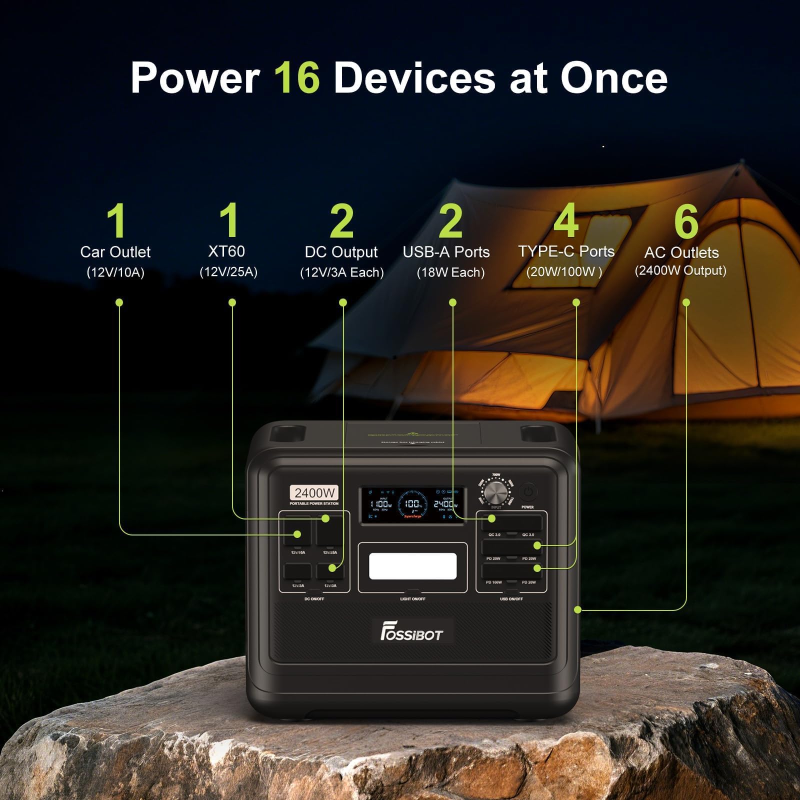 FOSSiBOT F2400 Portable Power Station GRREN BLACK