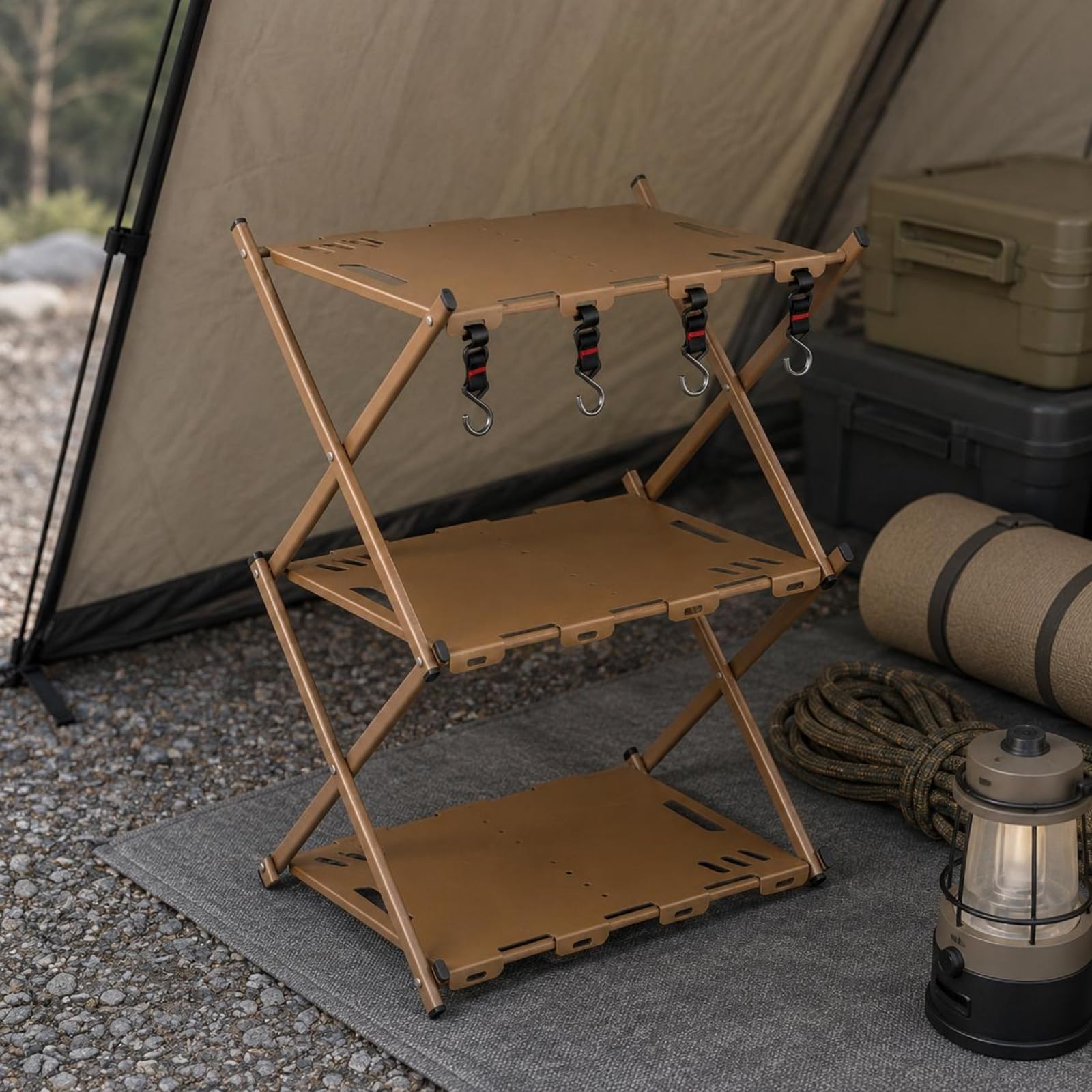 3-Tier Folding Outdoor Storage Shelf with Hooks