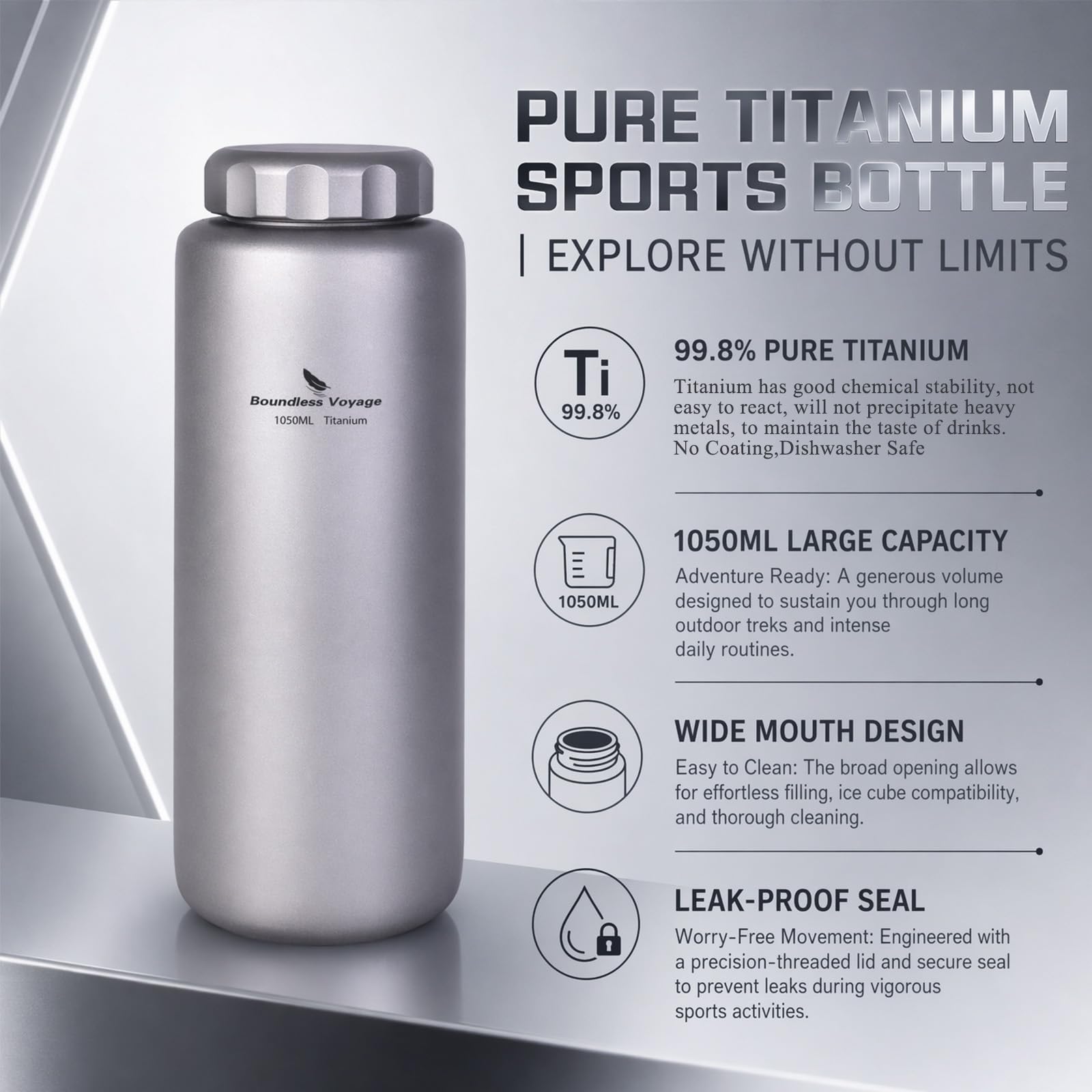 Boundless Voyage Titanium Water Bottle 1050ml Outdoor Sports Flask T-3005D