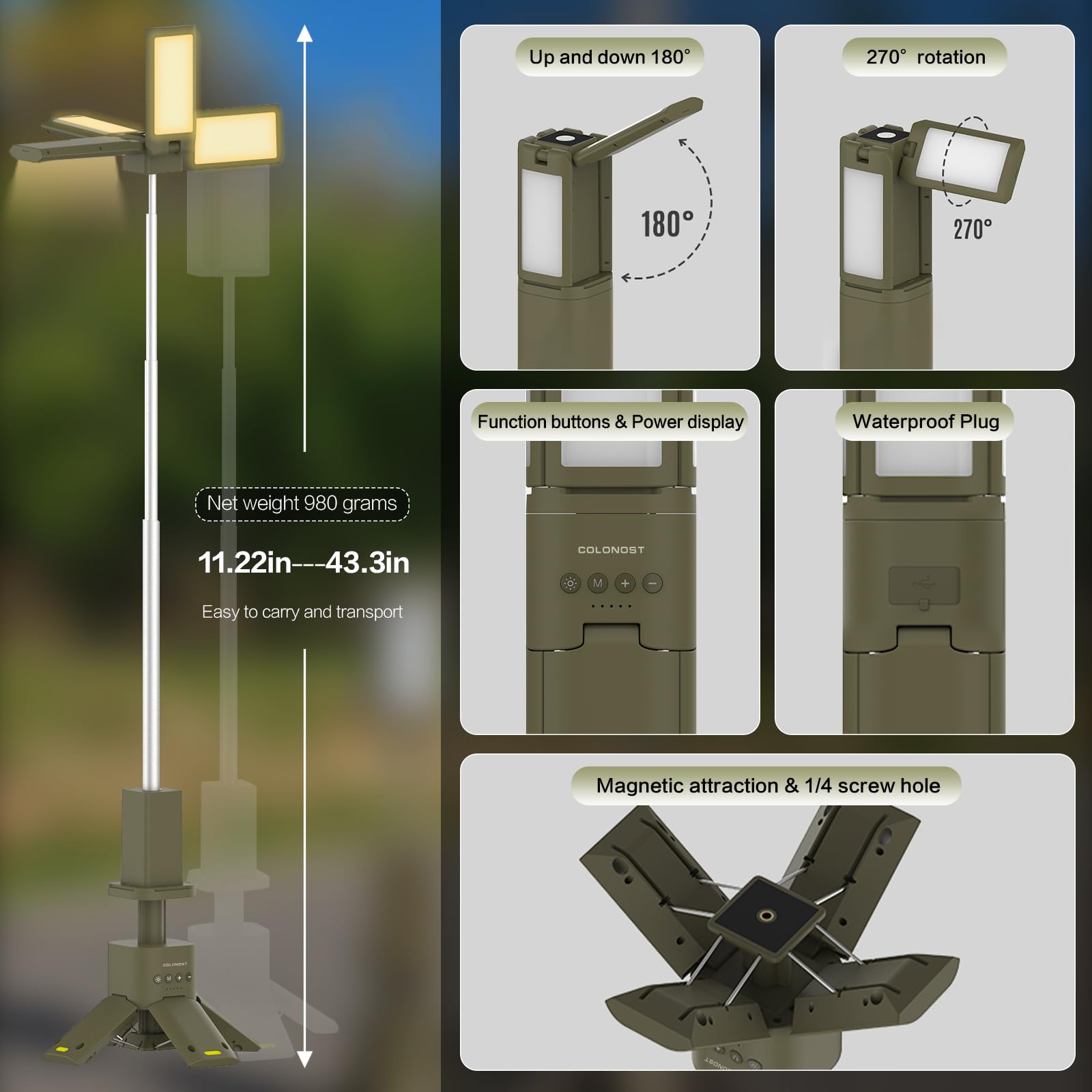Magnetic LED Camping Light with Telescoping Pole & Power Bank
