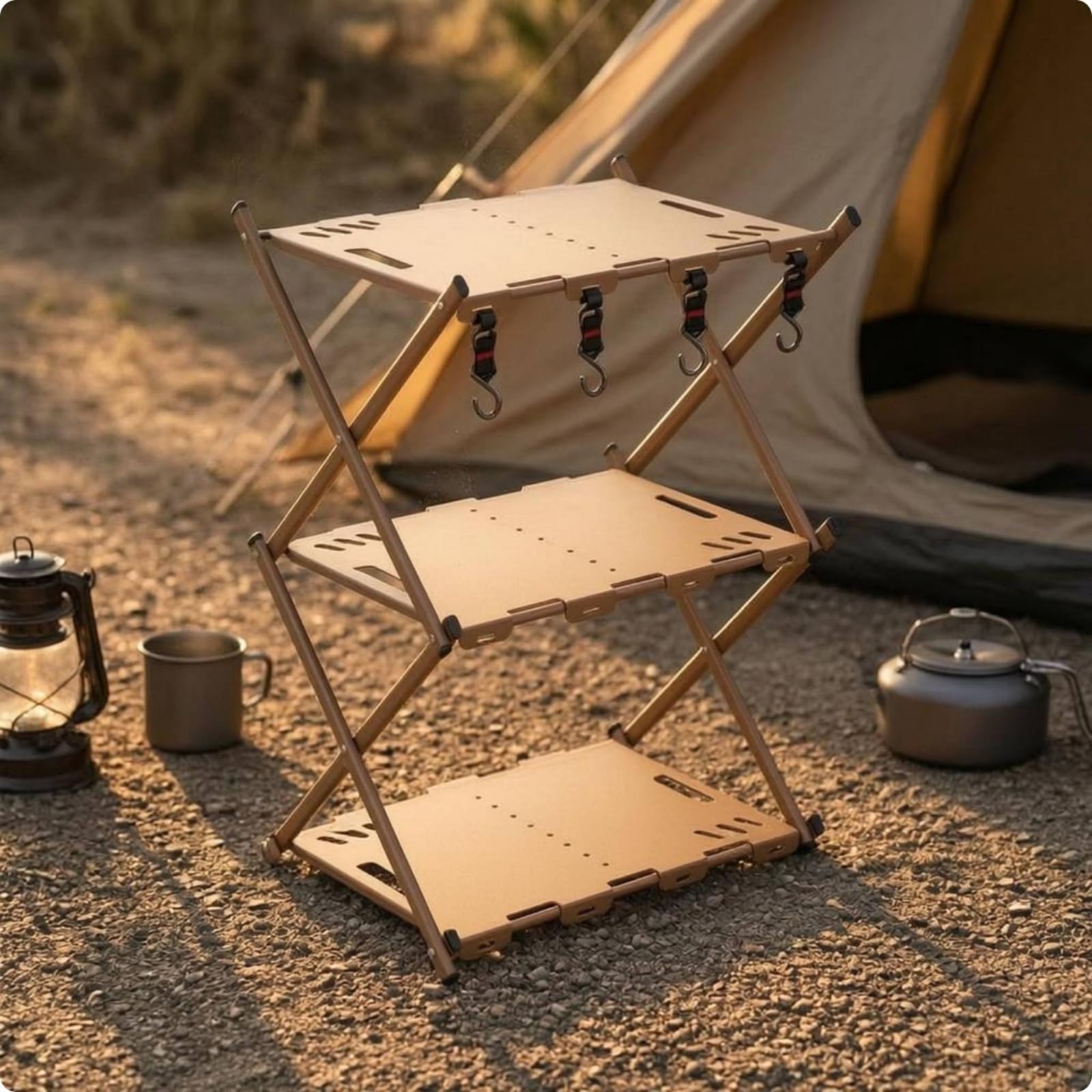 3-Tier Folding Outdoor Storage Shelf with Hooks