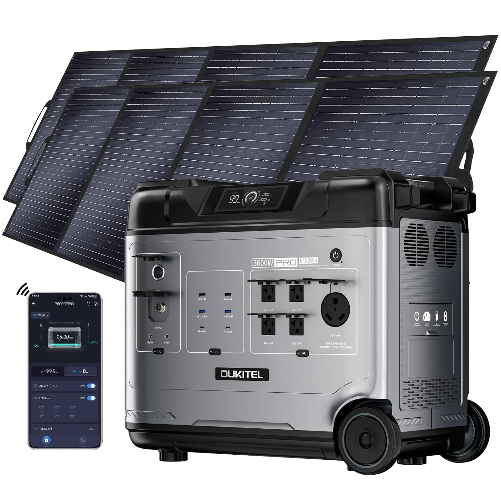 2400W Solar Generator LiFePO4 Battery 1.5Hrs Fast Charging,4 AC Outlets
