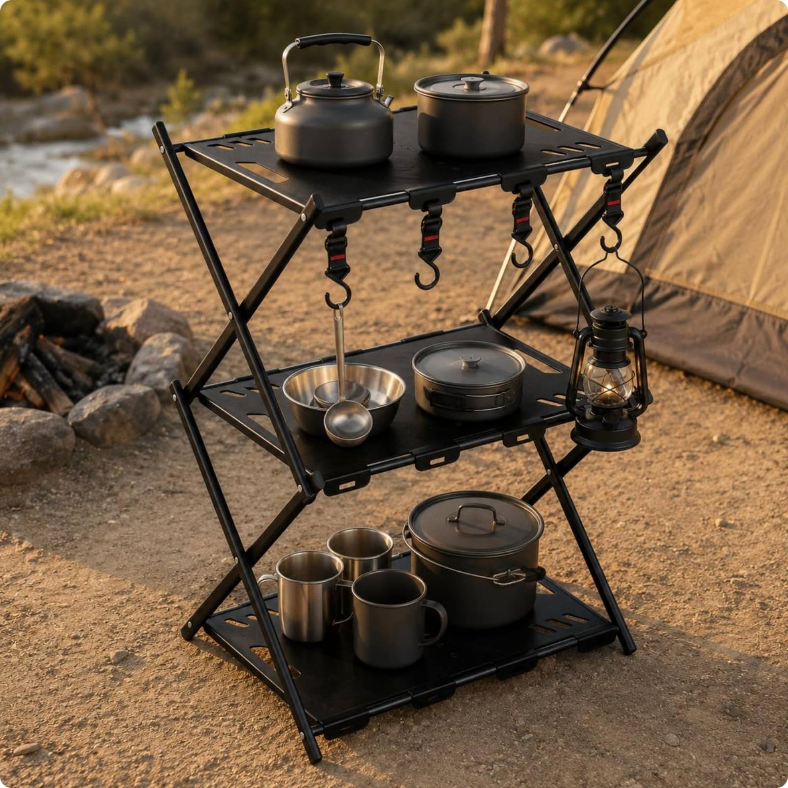 3-Tier Folding Outdoor Storage Shelf with Hooks