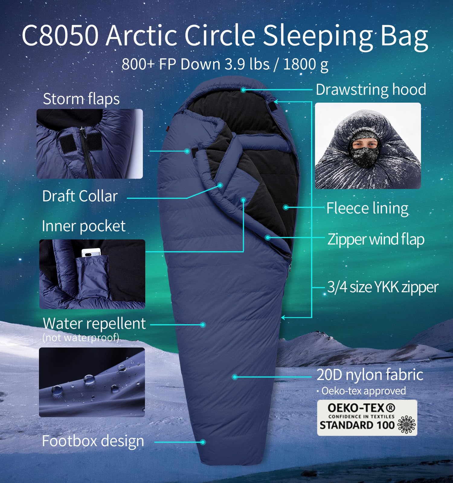 -58°F Extreme Cold Down Mummy Sleeping Bag